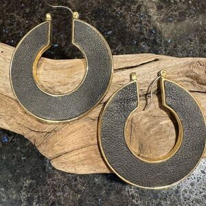 Black Faux Leather Hoop Earrings - gold tone